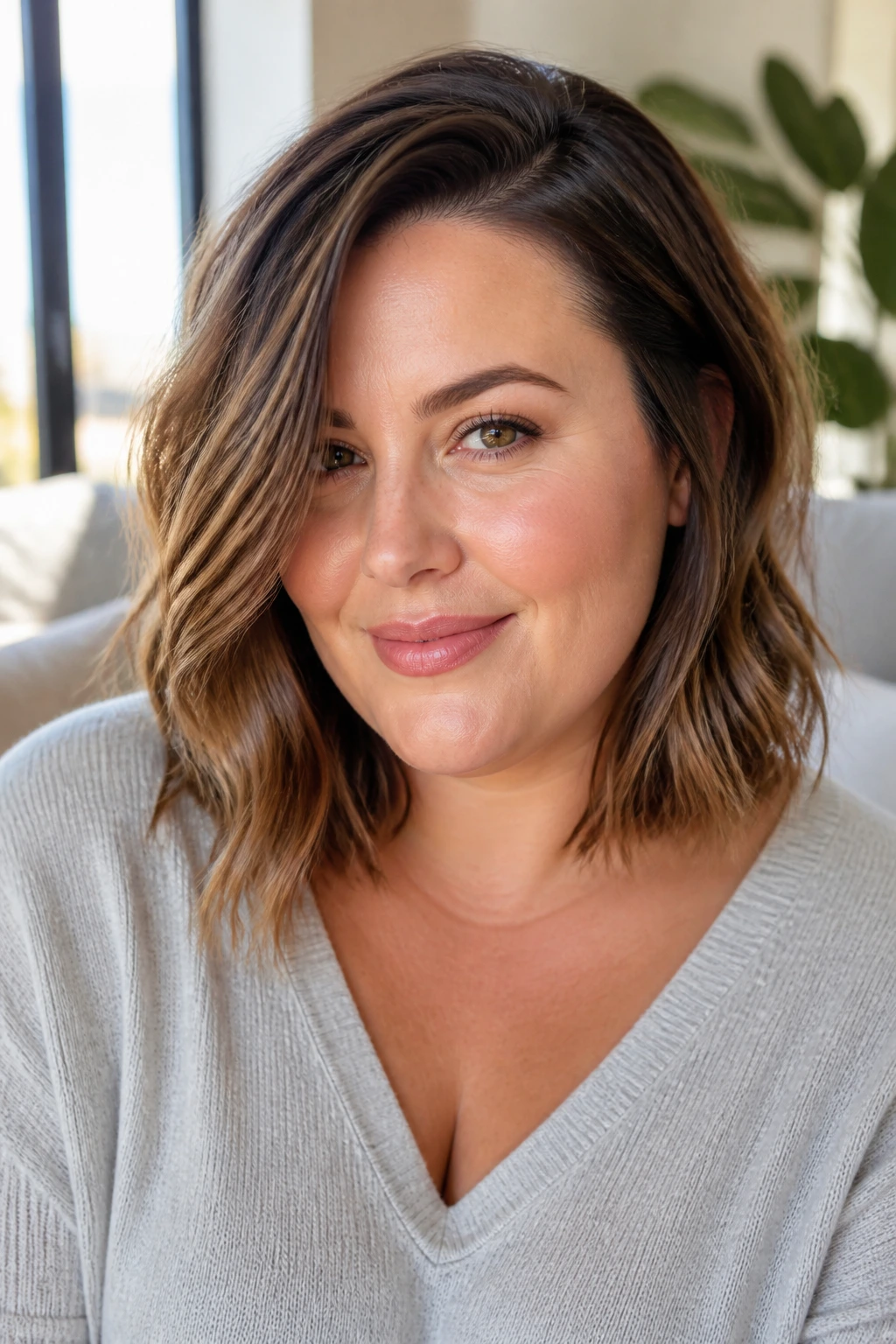 Portrait of textured lob with deep side part on a real person
