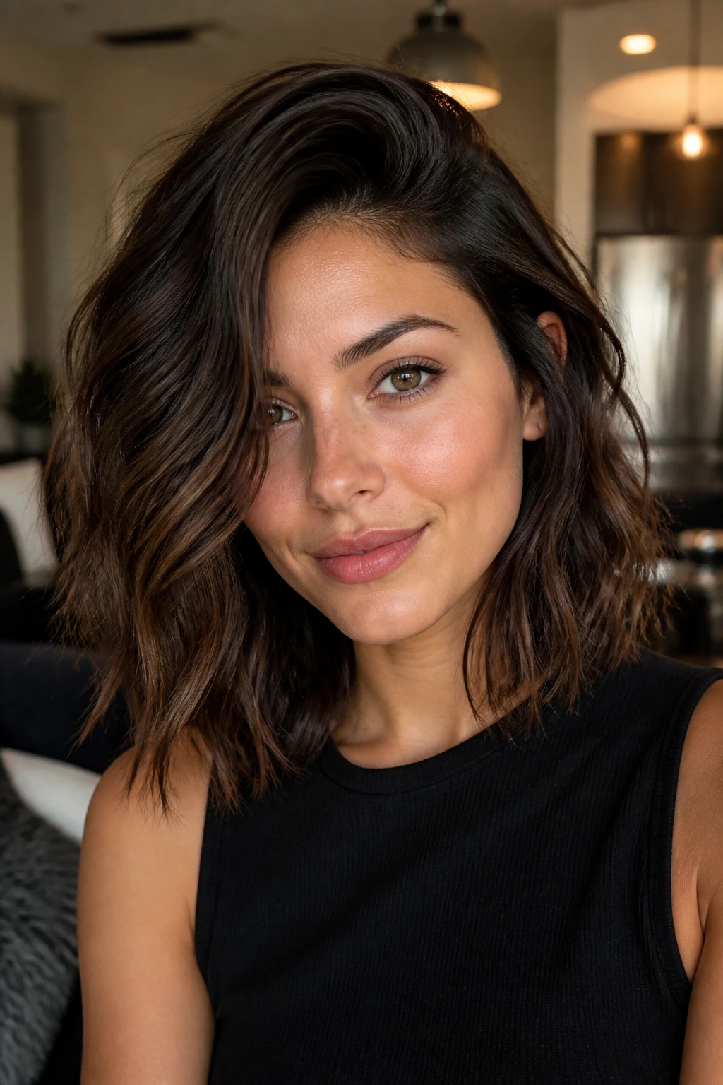 Woman with textured lob and deep side part in warm indoor light.