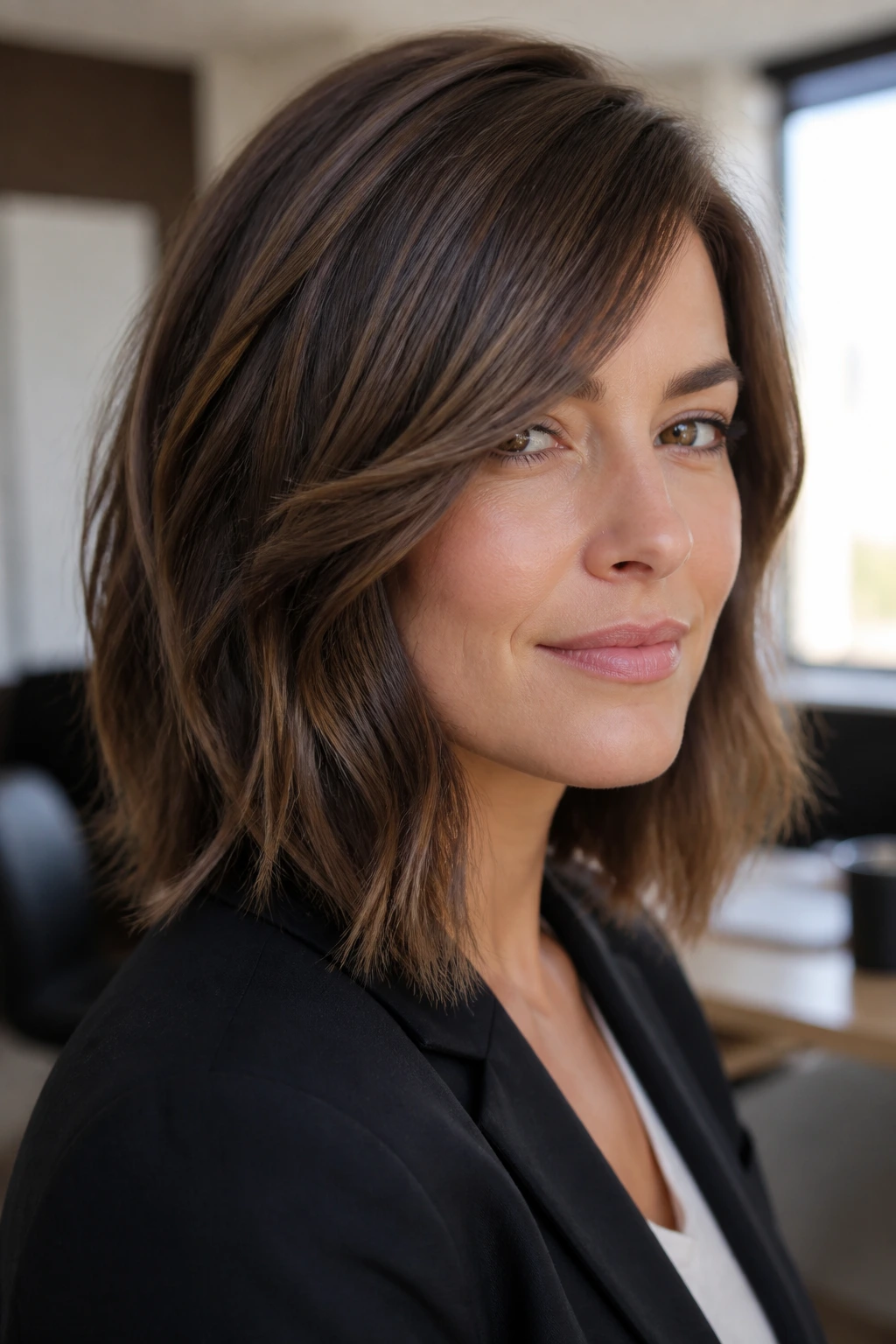 Close-up of a real woman with a textured lob and subtle side sweep in an office morning light