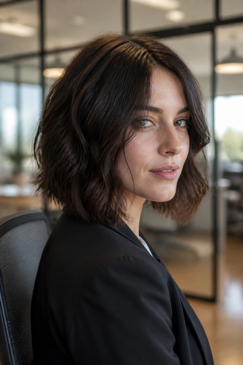 Close-up of a real woman's textured lob with hidden undercut in an office setting.