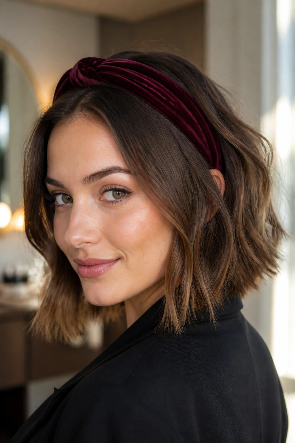 Close-up portrait of a woman with a textured lob and burgundy velvet headband in a softly lit office dressing area