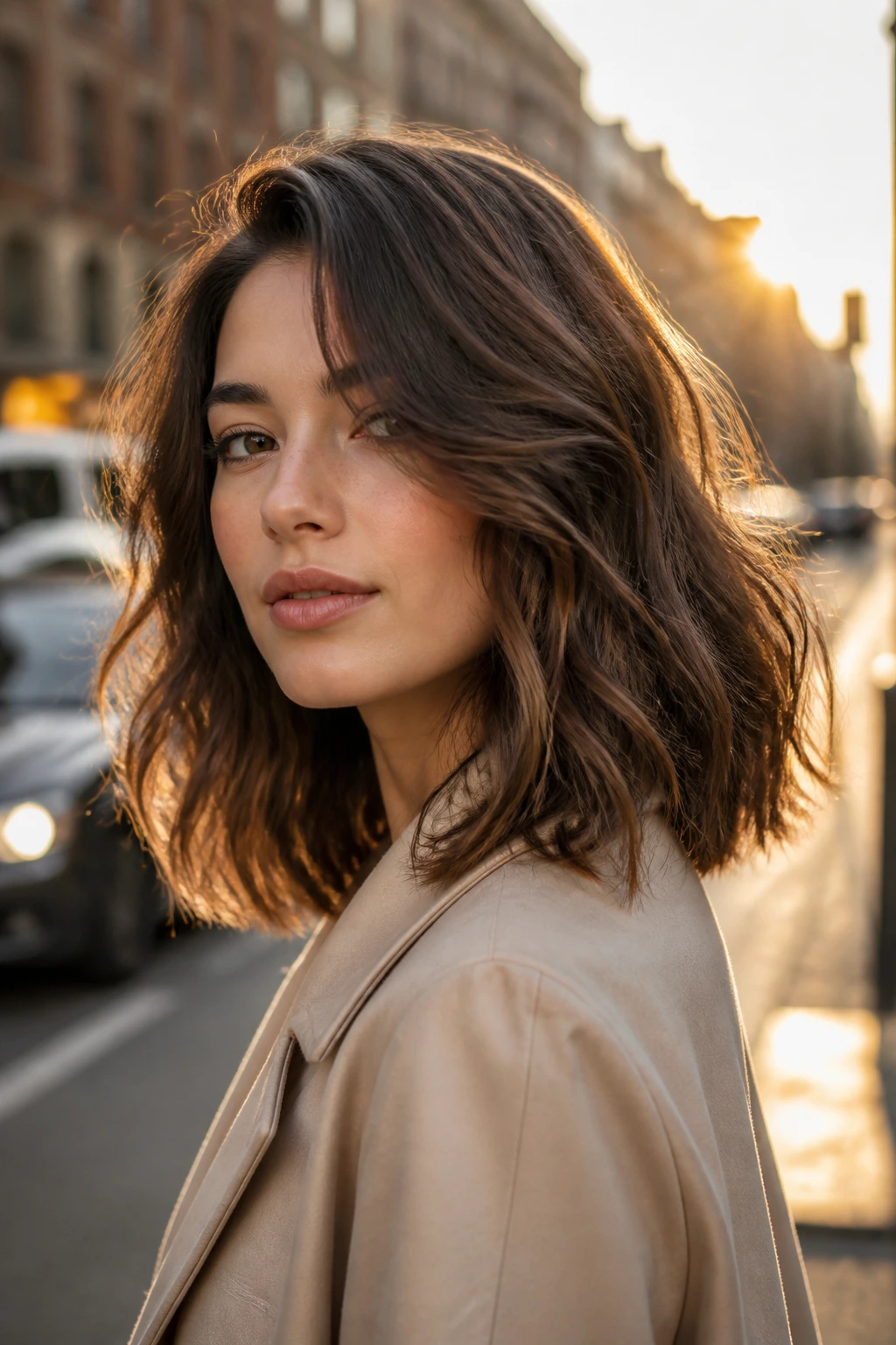 Close-up of a real person with textured lob and layered waves on city street
