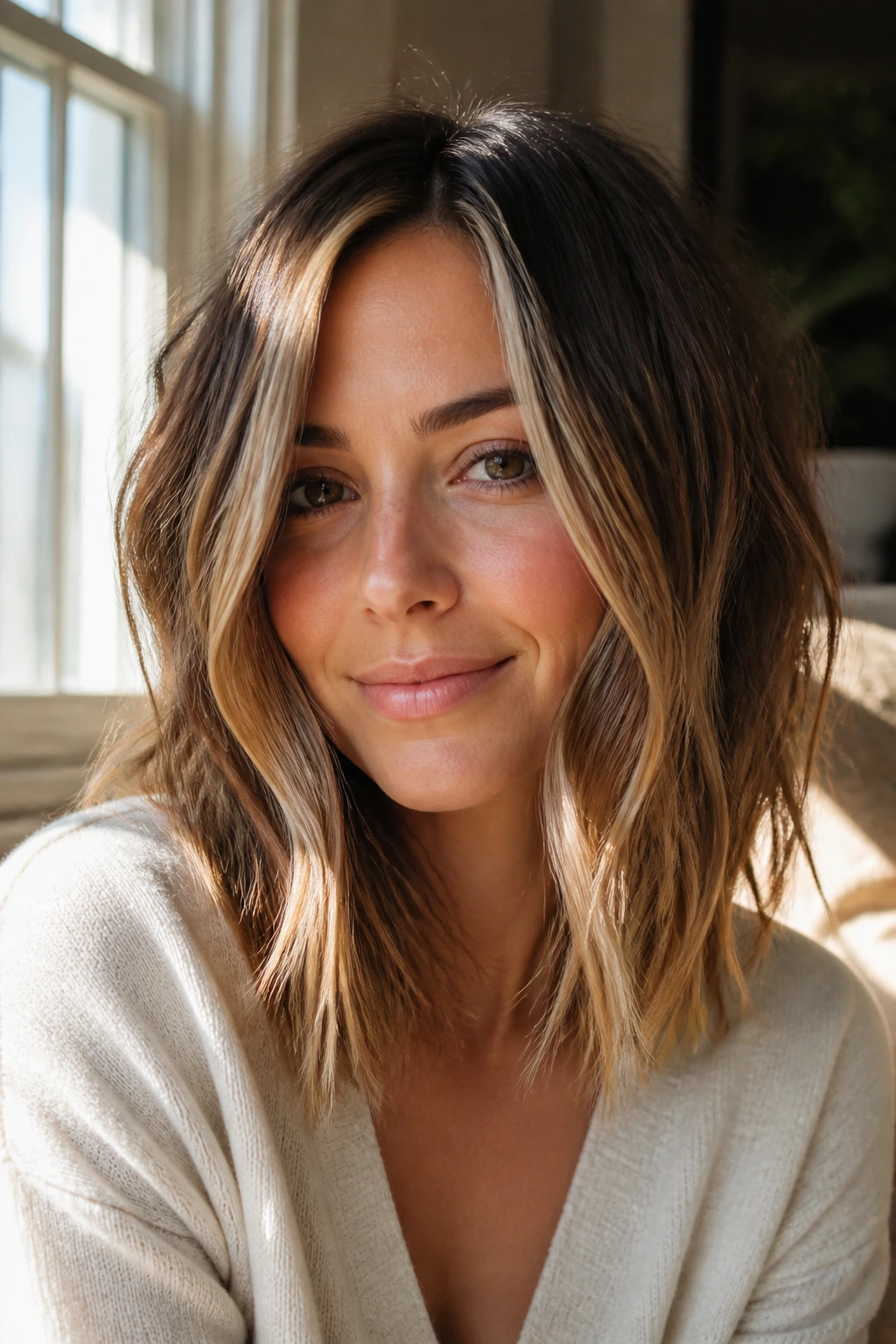 Close-up of a real woman with textured long bob and balayage highlights