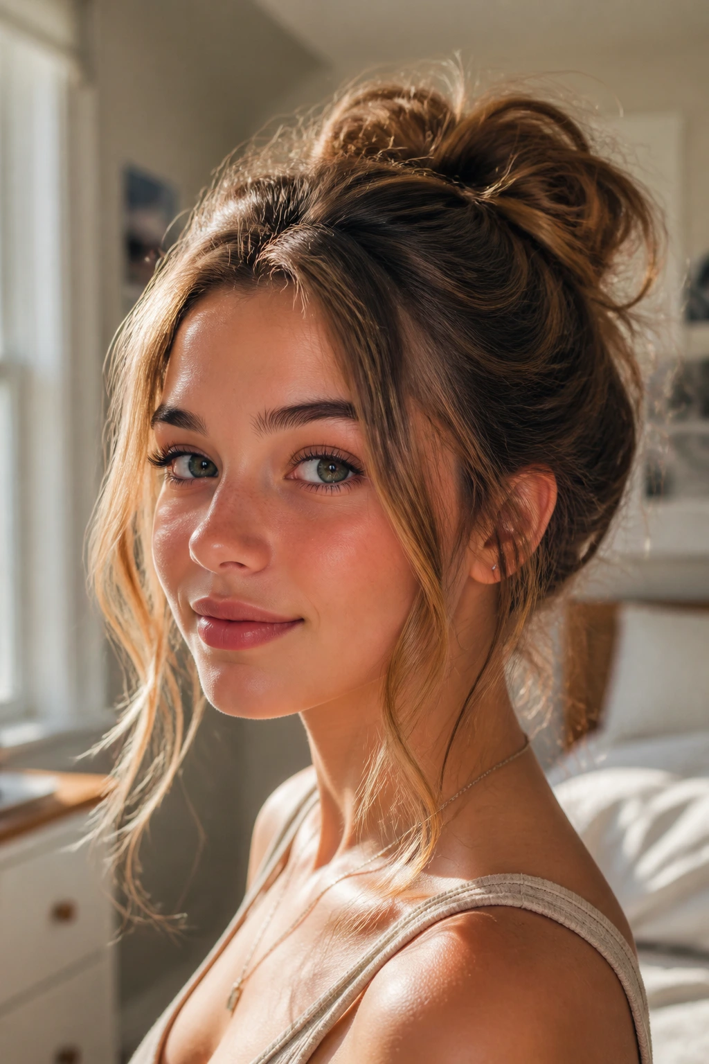 Close-up of a teen with a textured messy bun and face-framing tendrils in a sunlit bedroom