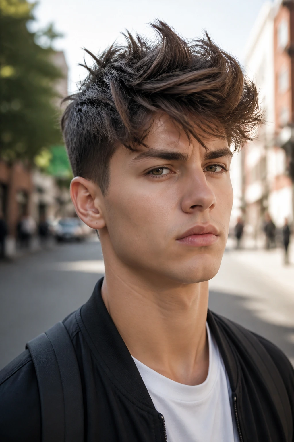 Close-up portrait of a real person with a textured messy quiff in an urban setting.