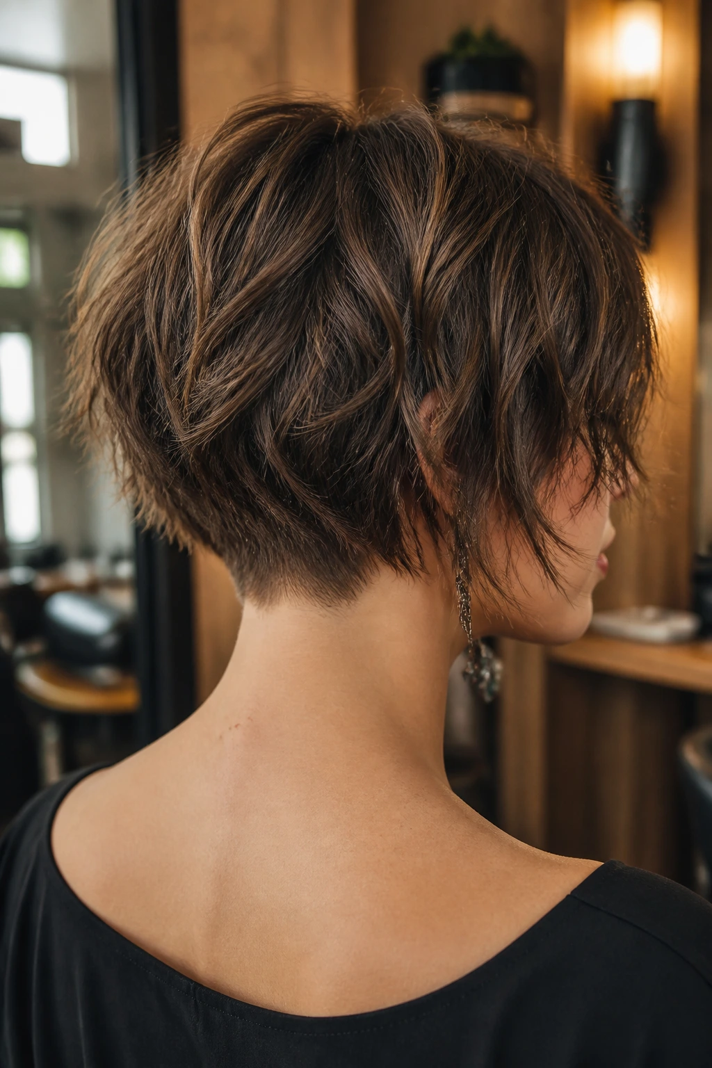 Rear view of a person showing a textured nape of razored bob