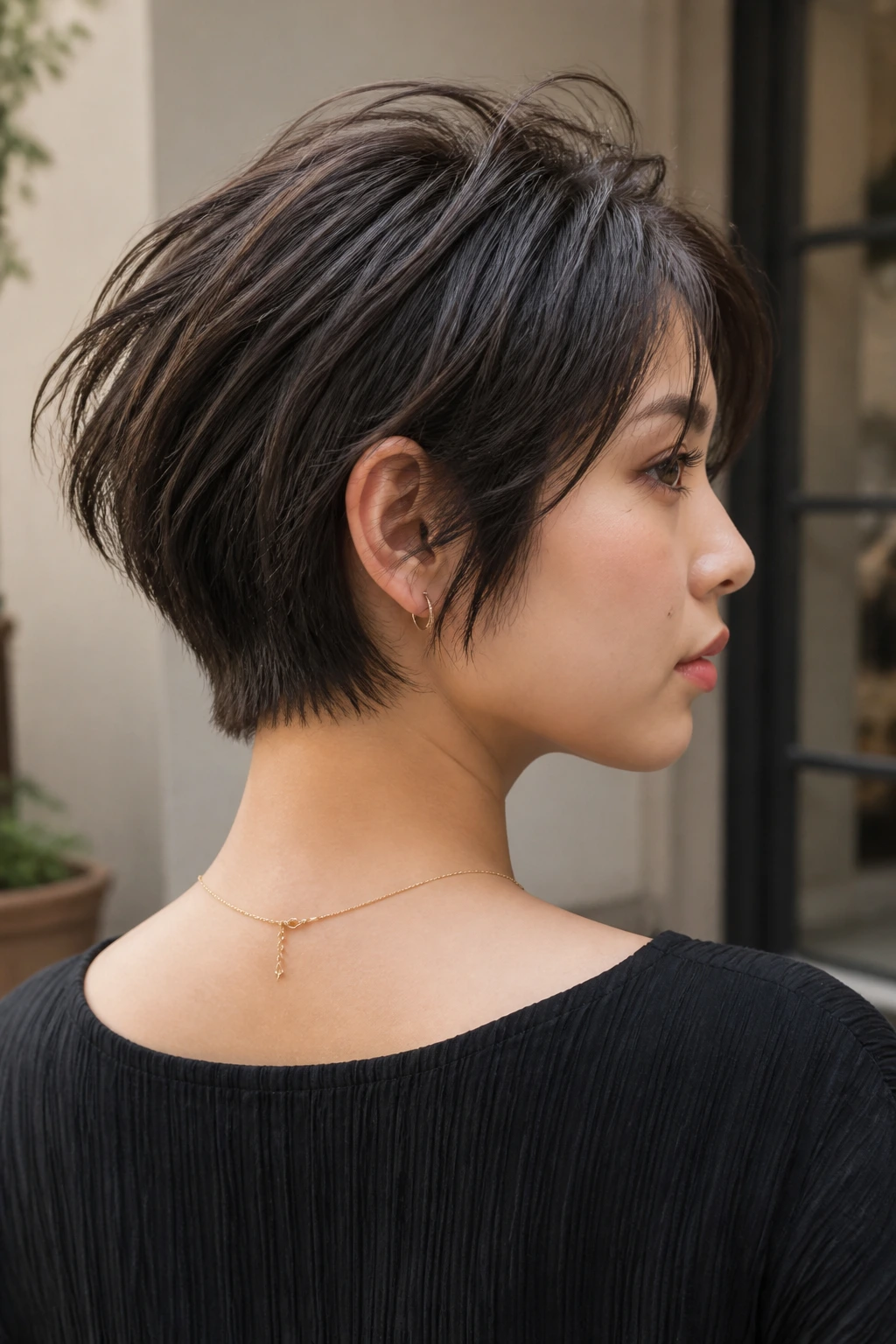 Three-quarter view of a real person with textured nape crop hairstyle