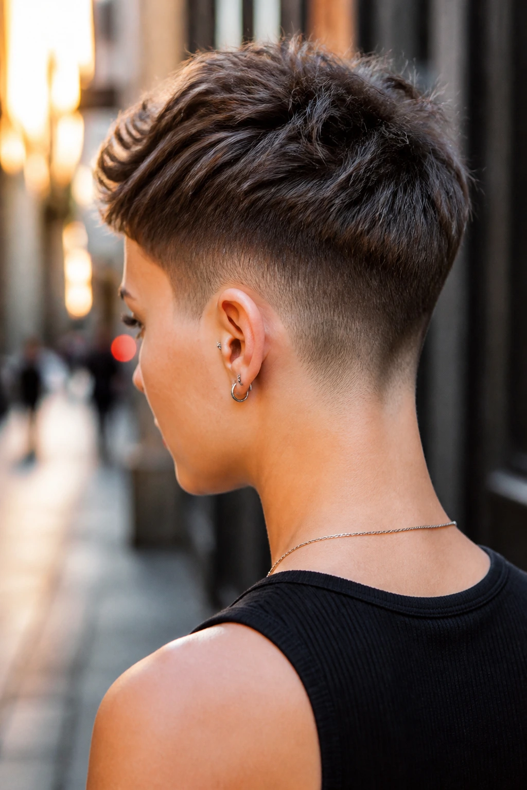 Three-quarter rear profile of a person with a textured nape fade in golden-hour light