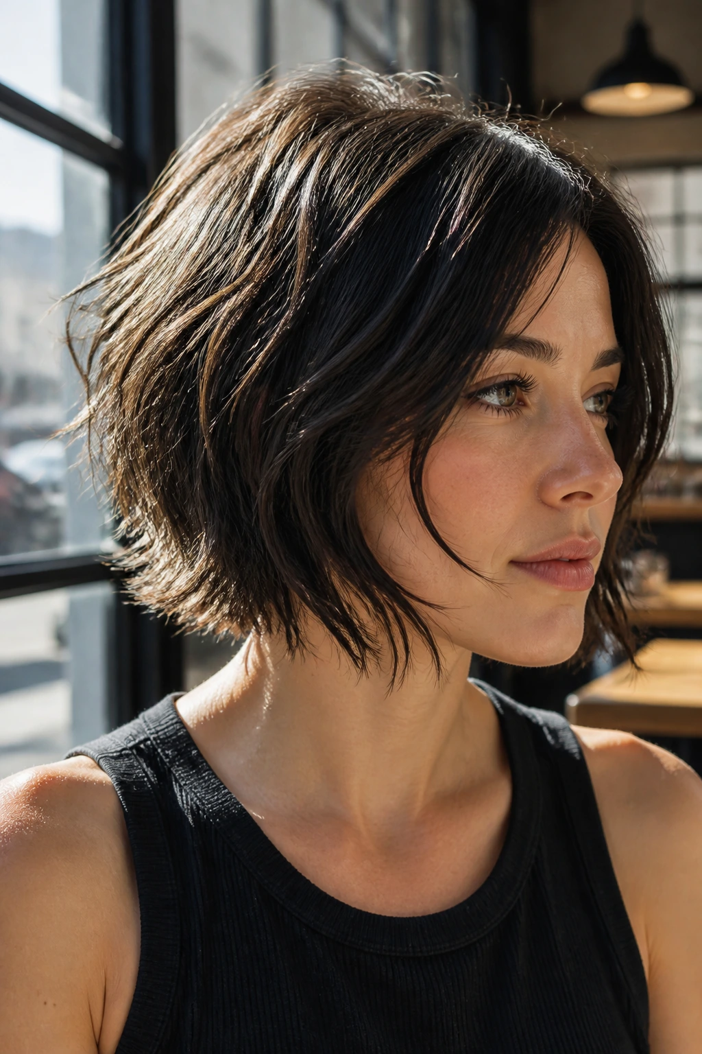 Close-up of a real woman with a textured piecey bob
