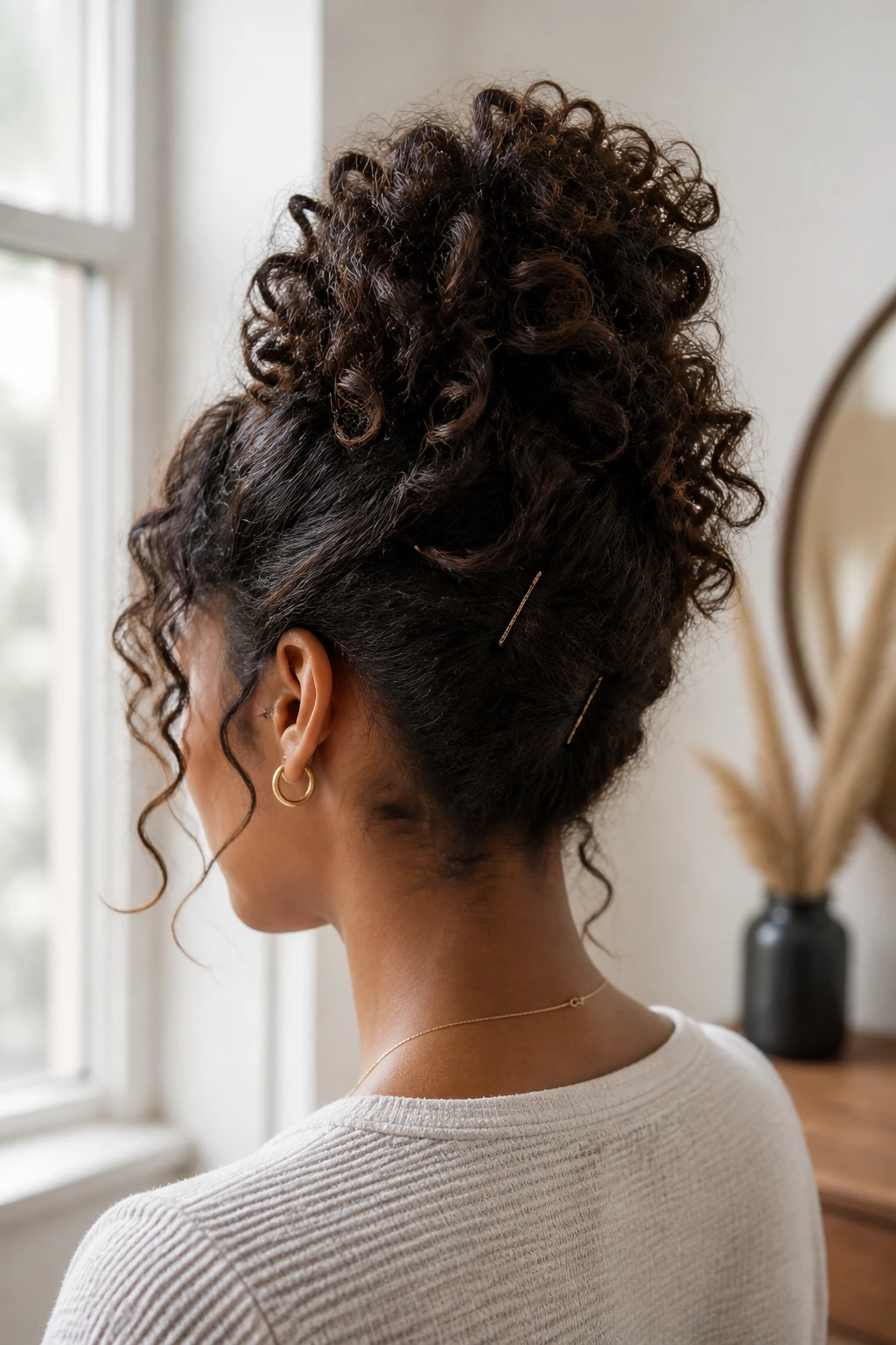 Textured messy pineapple roll with curls pinned around base on a real person