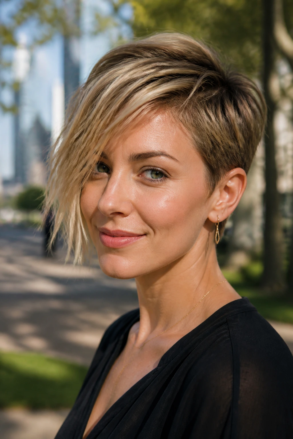 Close-up portrait of a real person with textured asymmetrical pixie-bob