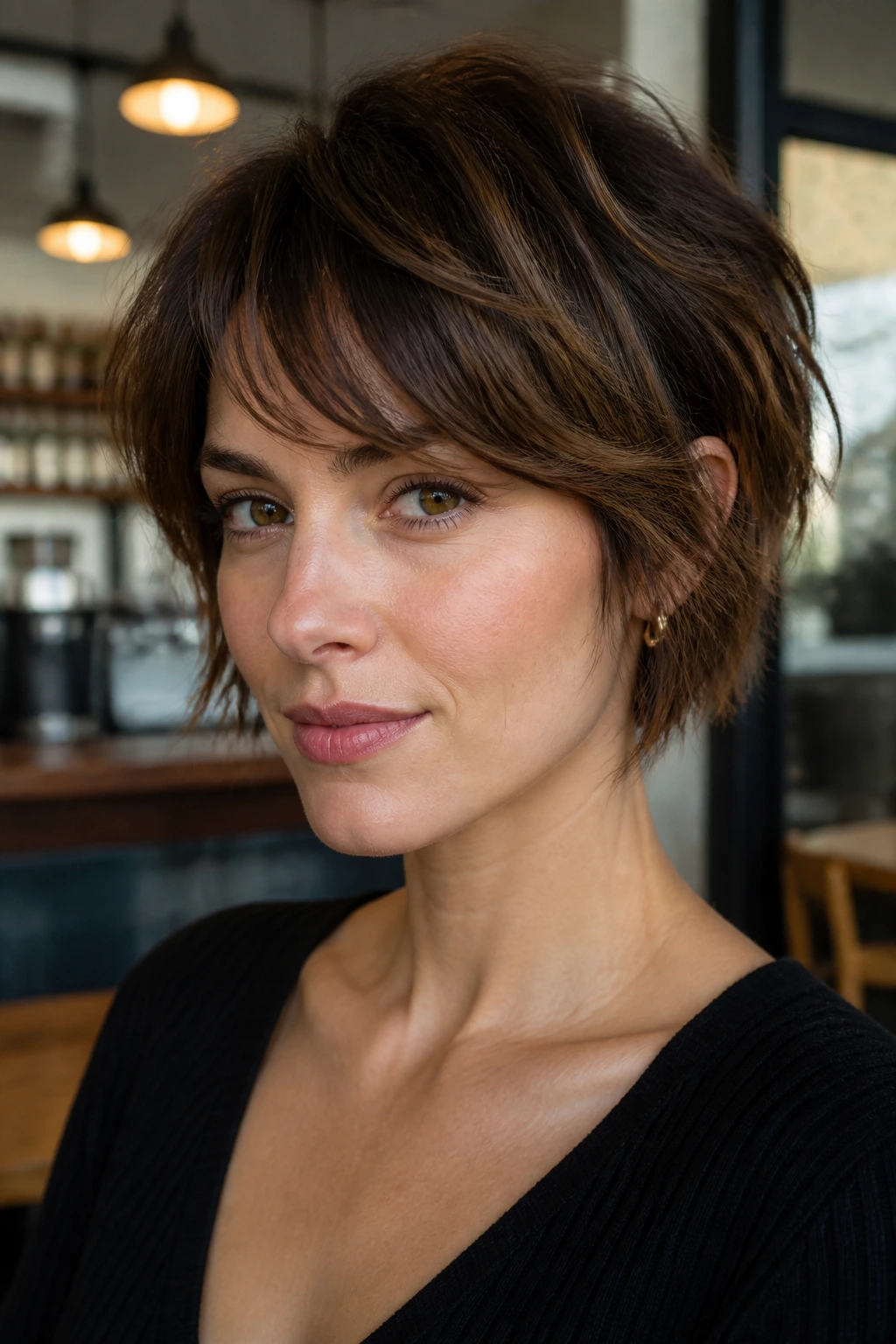 Portrait of a woman with a textured pixie bob in a cafe setting