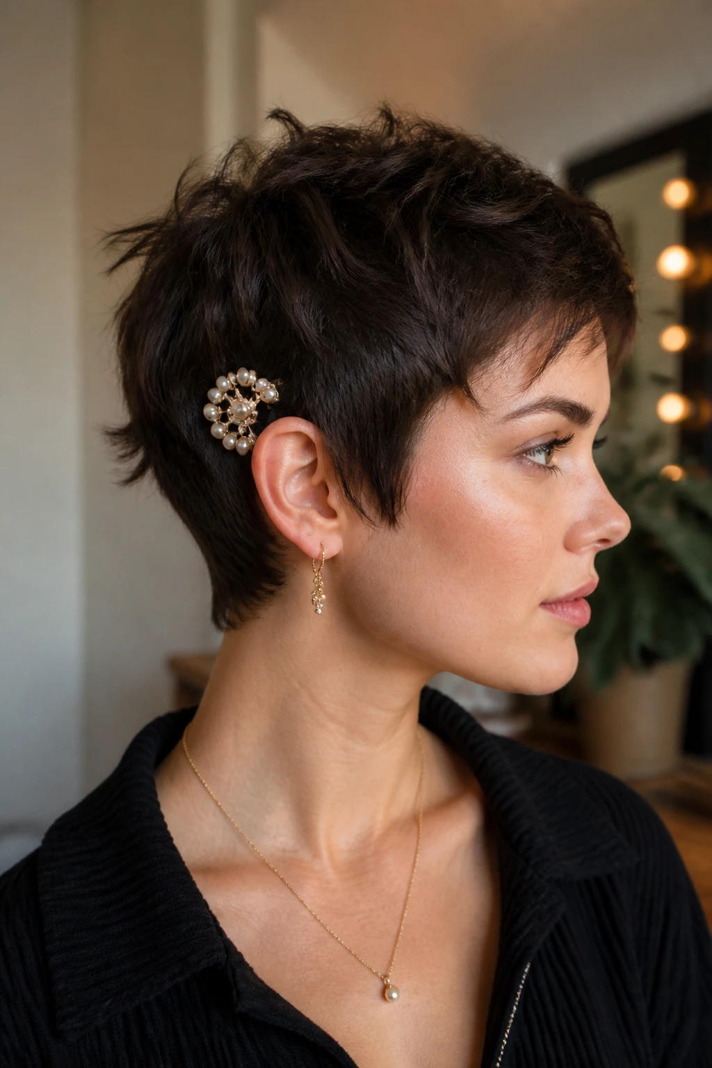 Close-up of a textured pixie with a statement clip on a real person