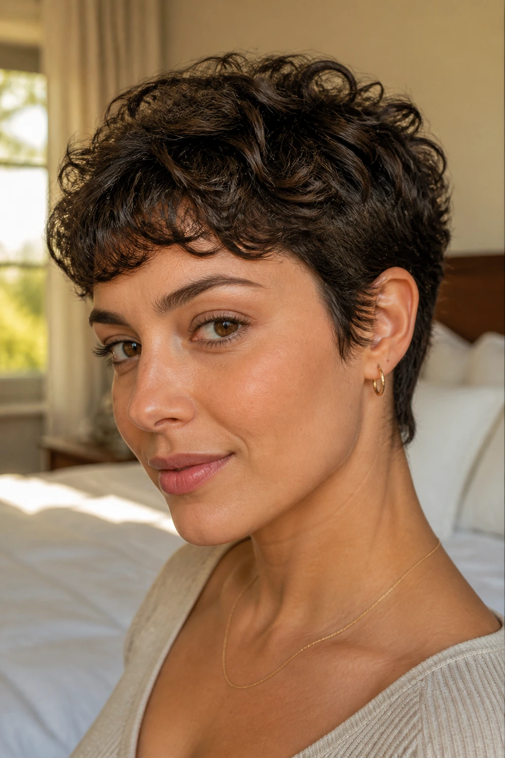 Close-up of a woman with a textured pixie haircut and soft sides in warm sunlight