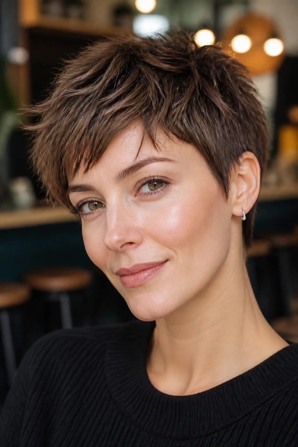 Close-up portrait of a real person with a textured pixie haircut