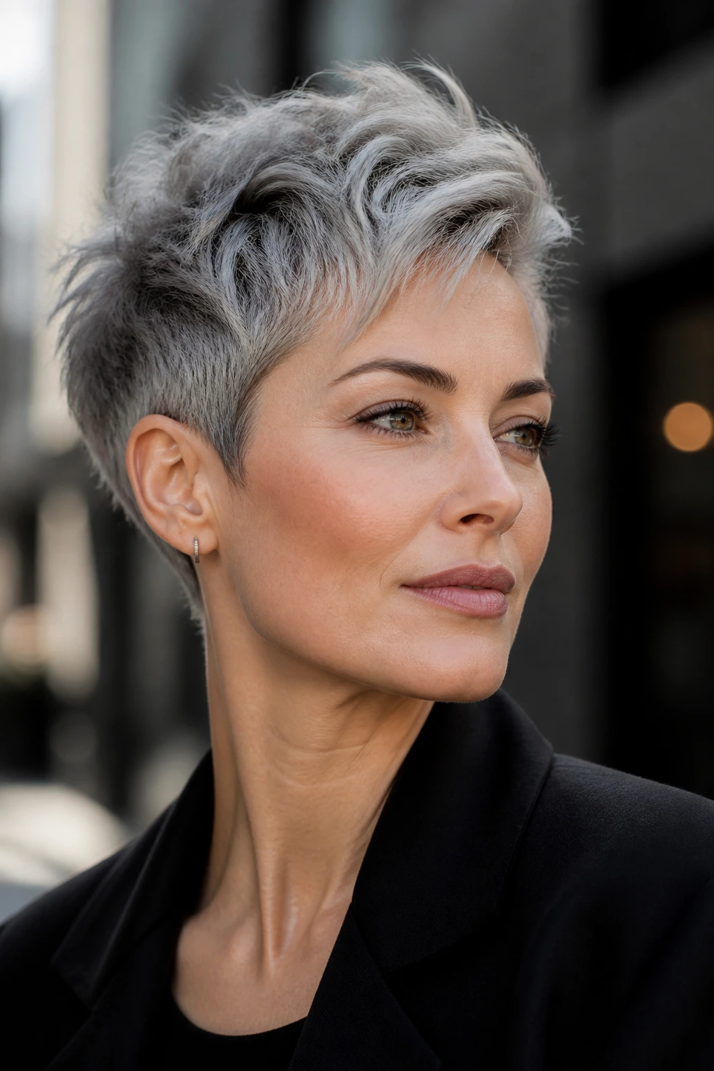 Portrait of person with textured pixie cut and bold top height.