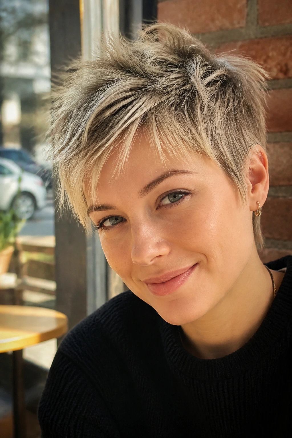 Close-up of a person with a textured pixie hairstyle in sunlight