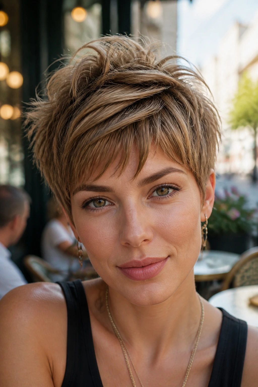 Close-up of textured pixie layers on a real woman, crown with jagged edges for volume.