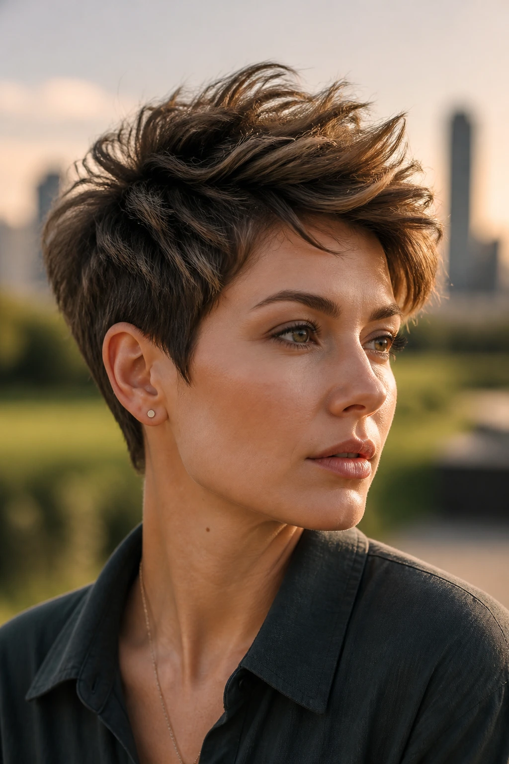 Close-up of a woman with textured pixie and longer top in golden hour light