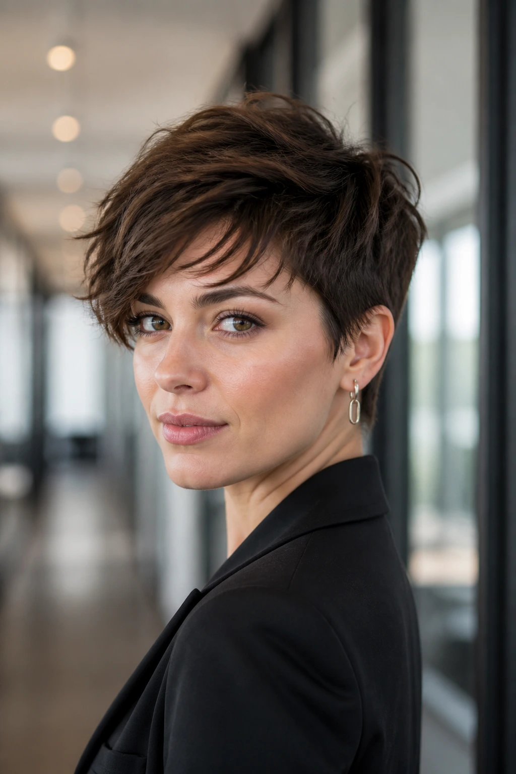 Close-up of a real woman with a textured pixie and side-swept volume in a softly lit office setting