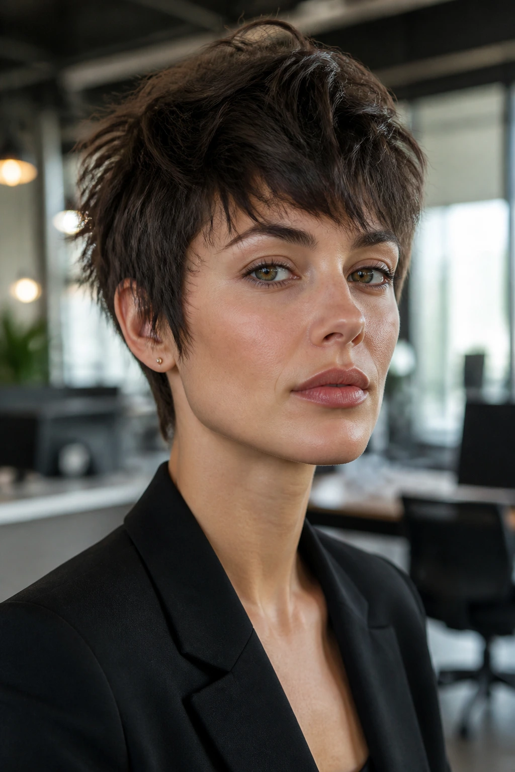 Close-up of a real person with a textured pixie cut showing height and feathered ends