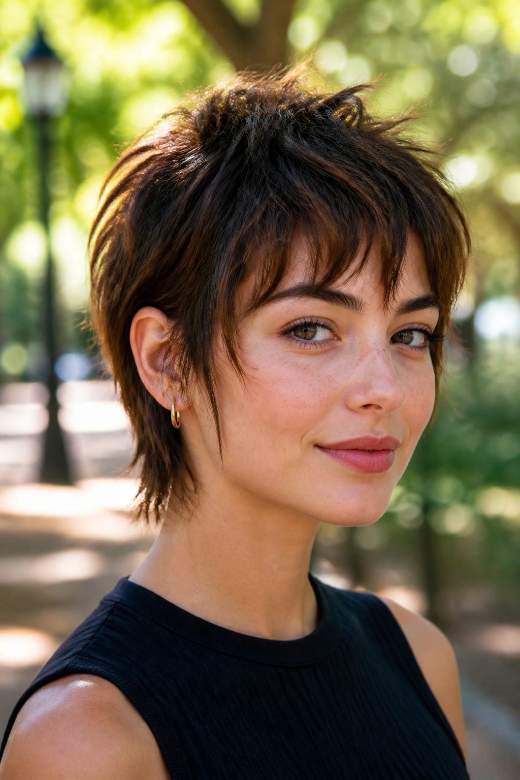 Portrait of a woman with textured pixie shag hairstyle in a sunny outdoor setting