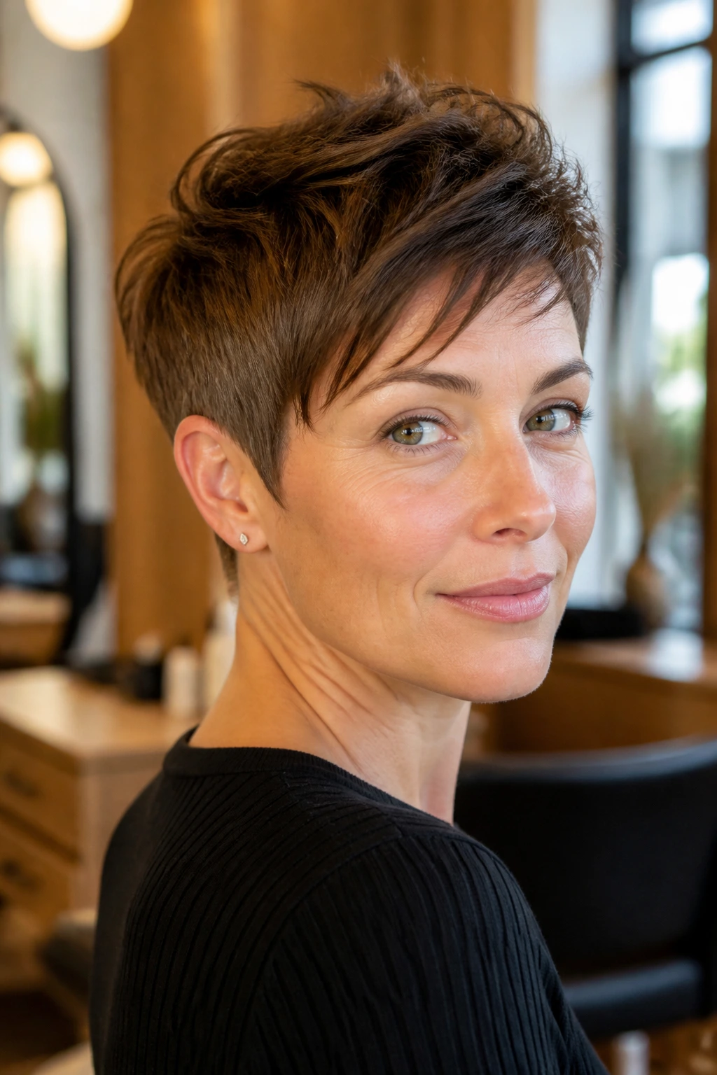 Close-up of a real person with a textured pixie haircut in warm salon lighting.