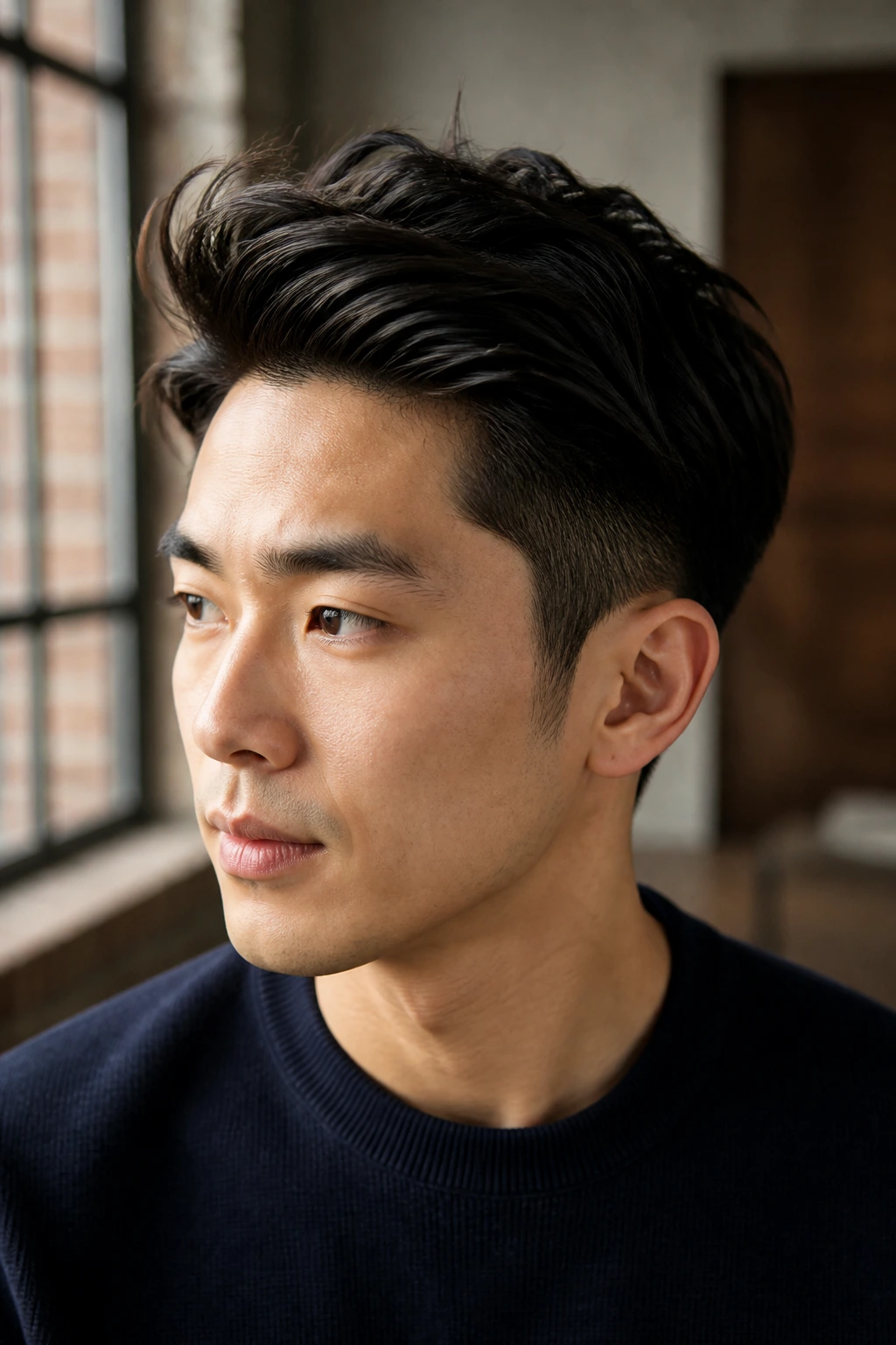 Portrait of a real person with a textured side-swept pompadour and volume on top