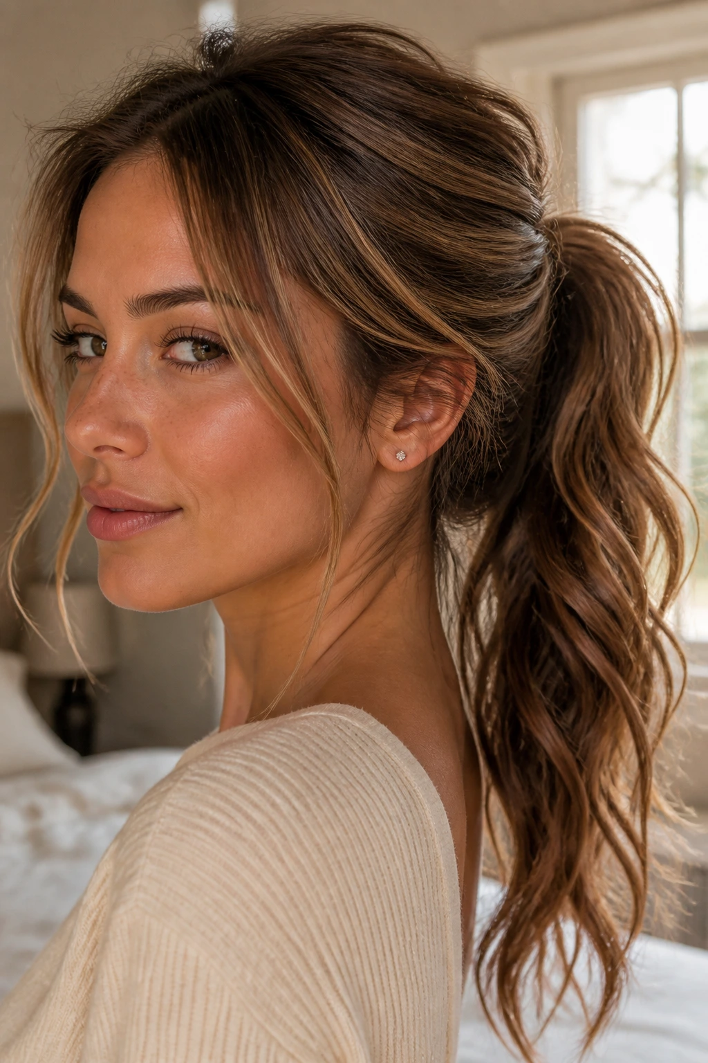 Close-up of a real woman with a textured ponytail and loose waves in natural window light.