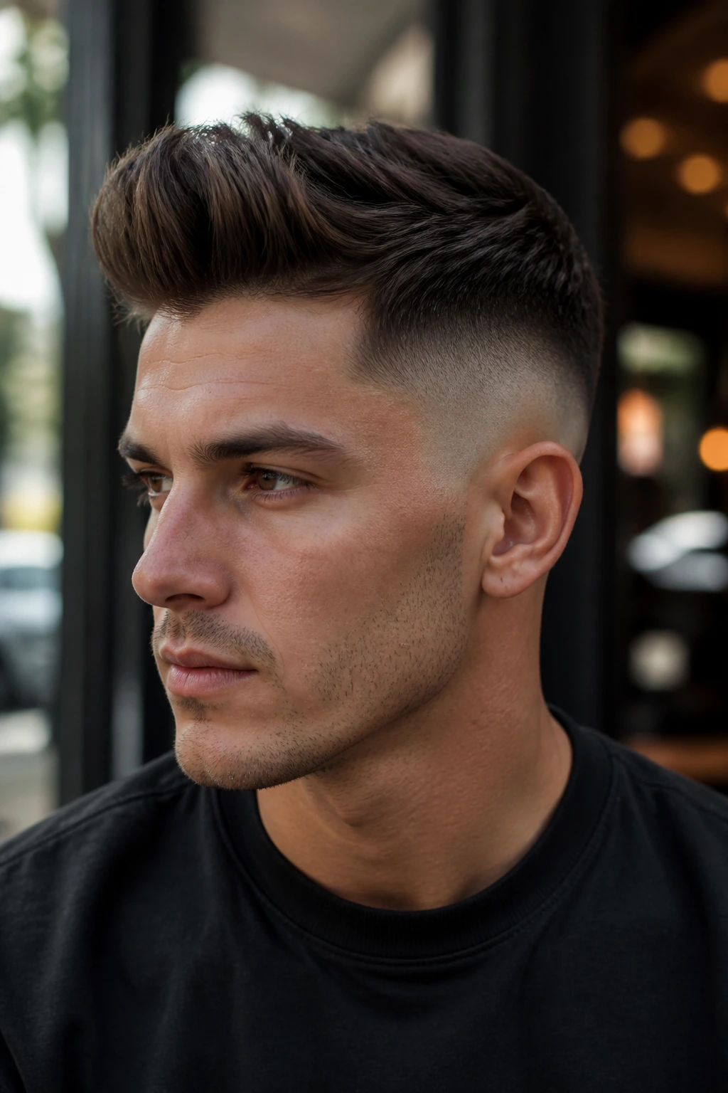 Close-up portrait of a person with textured quiff and high-drop fade in a cafe setting.