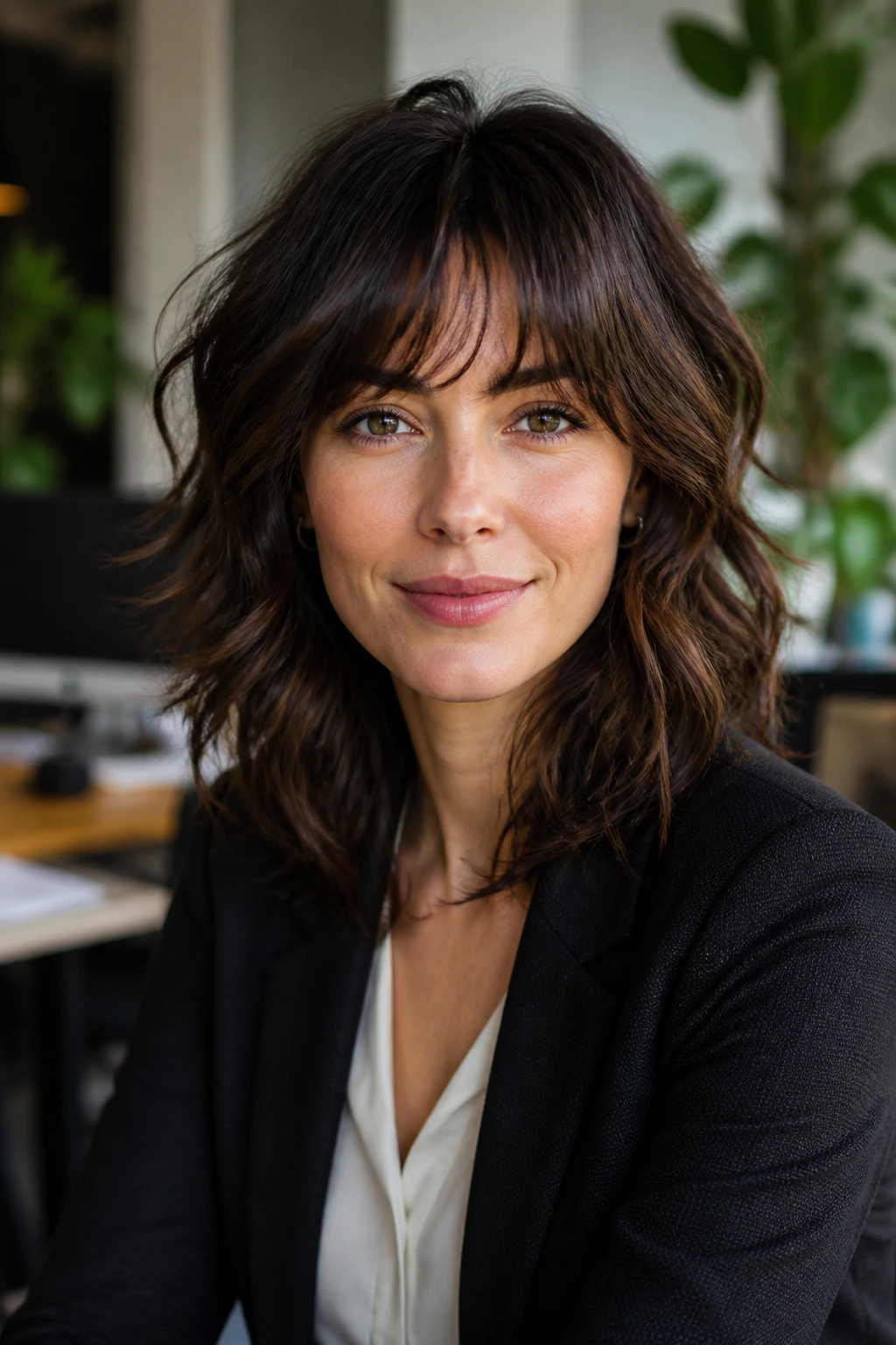Portrait of a person with textured shag and soft bangs in office