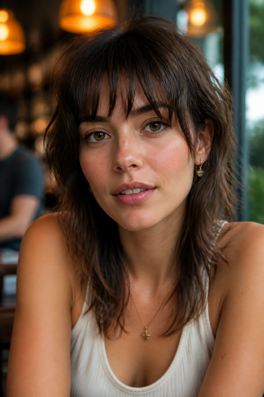 Real woman with textured shag bangs in warm café light