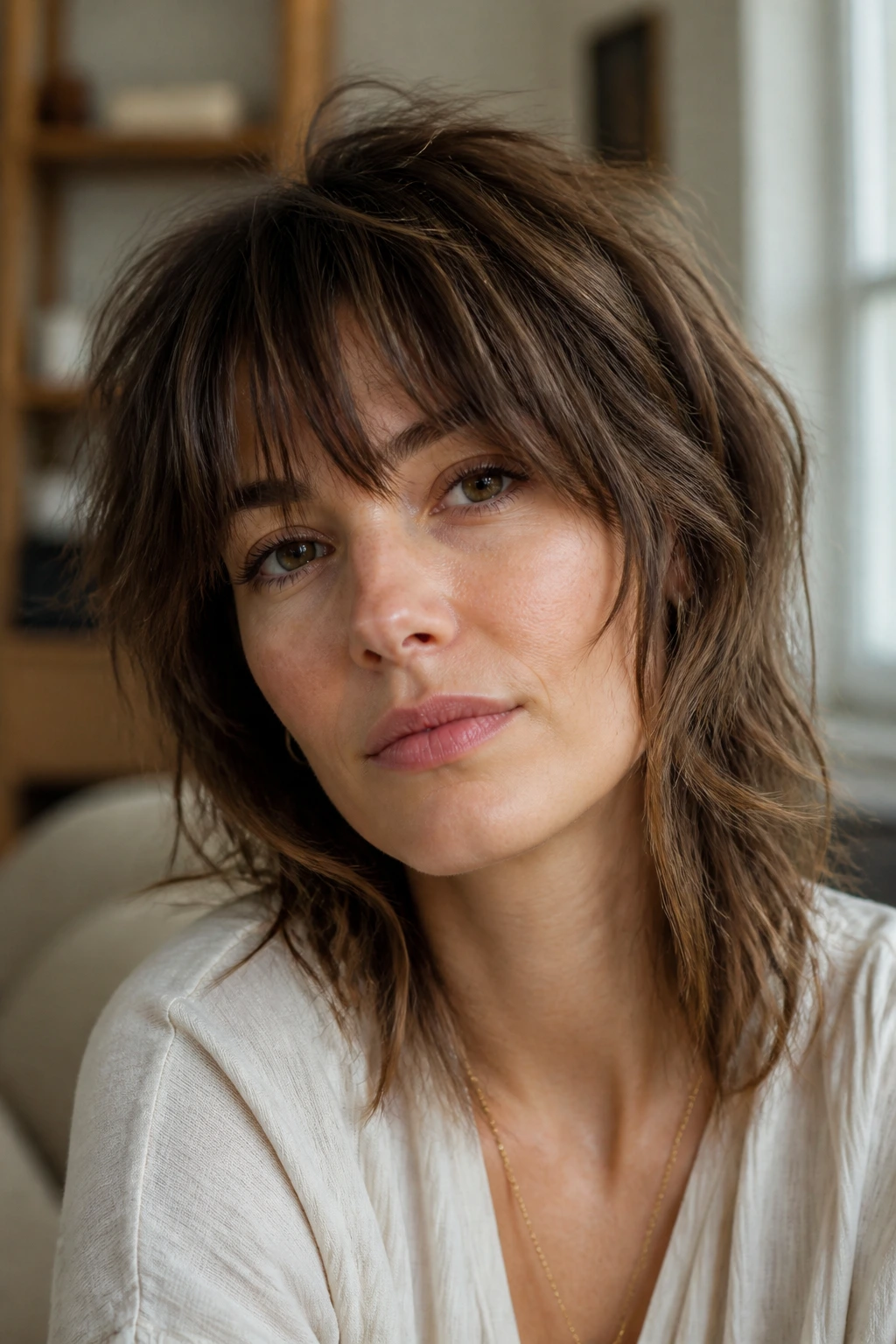Close-up portrait of a woman with textured layered shag bangs.