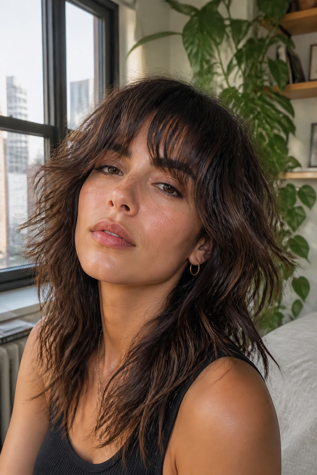 Close-up of a real woman with Textured Shag Bangs featuring textured, messy ends.