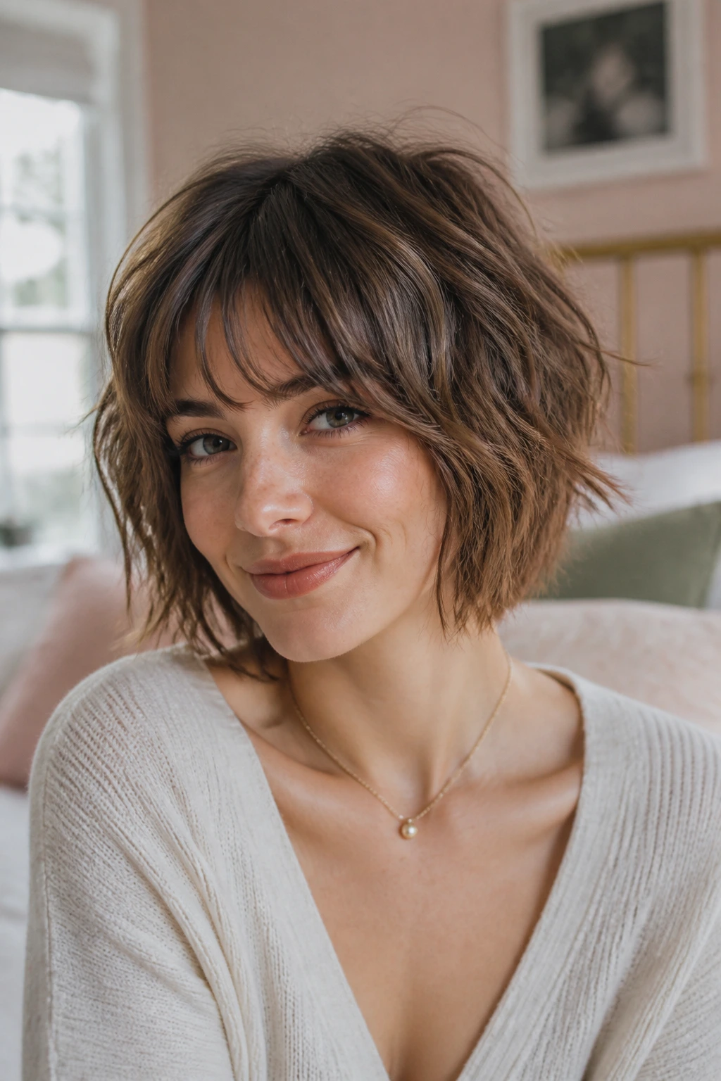 Close-up of a woman with textured shag bob for fine hair in a sunlit bedroom