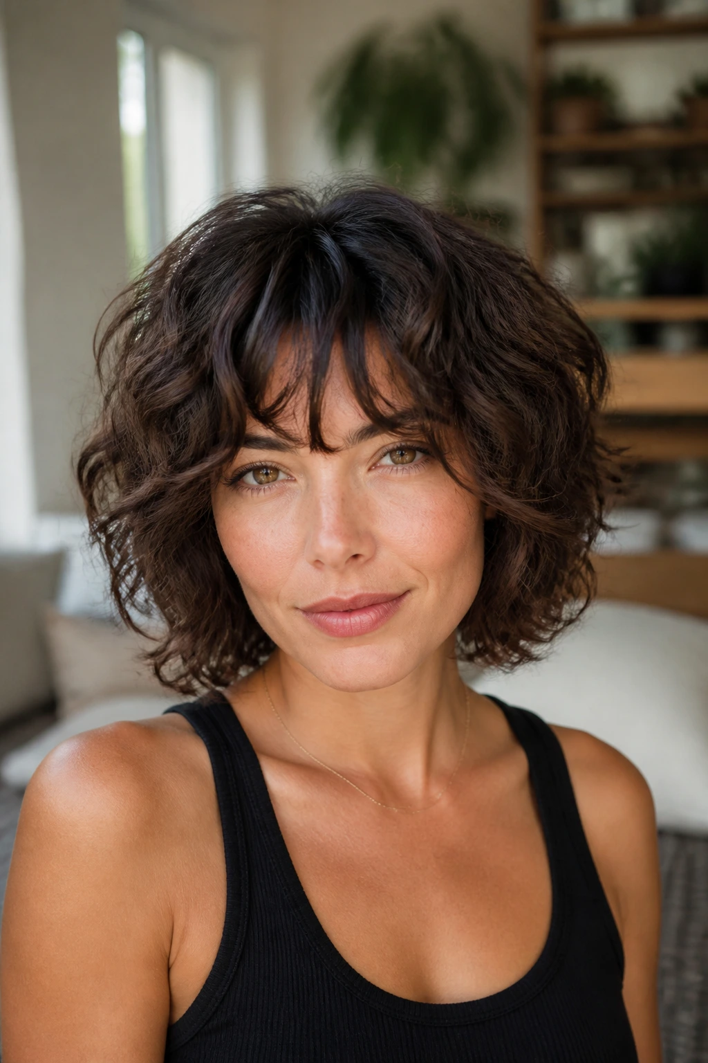Close-up portrait of a real woman with a textured shag bob and bottleneck bangs in a bright living space
