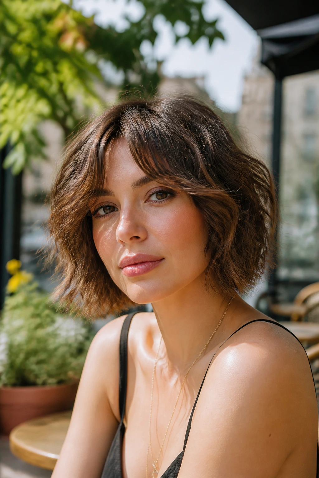 Close-up of a woman with textured wavy shag bob