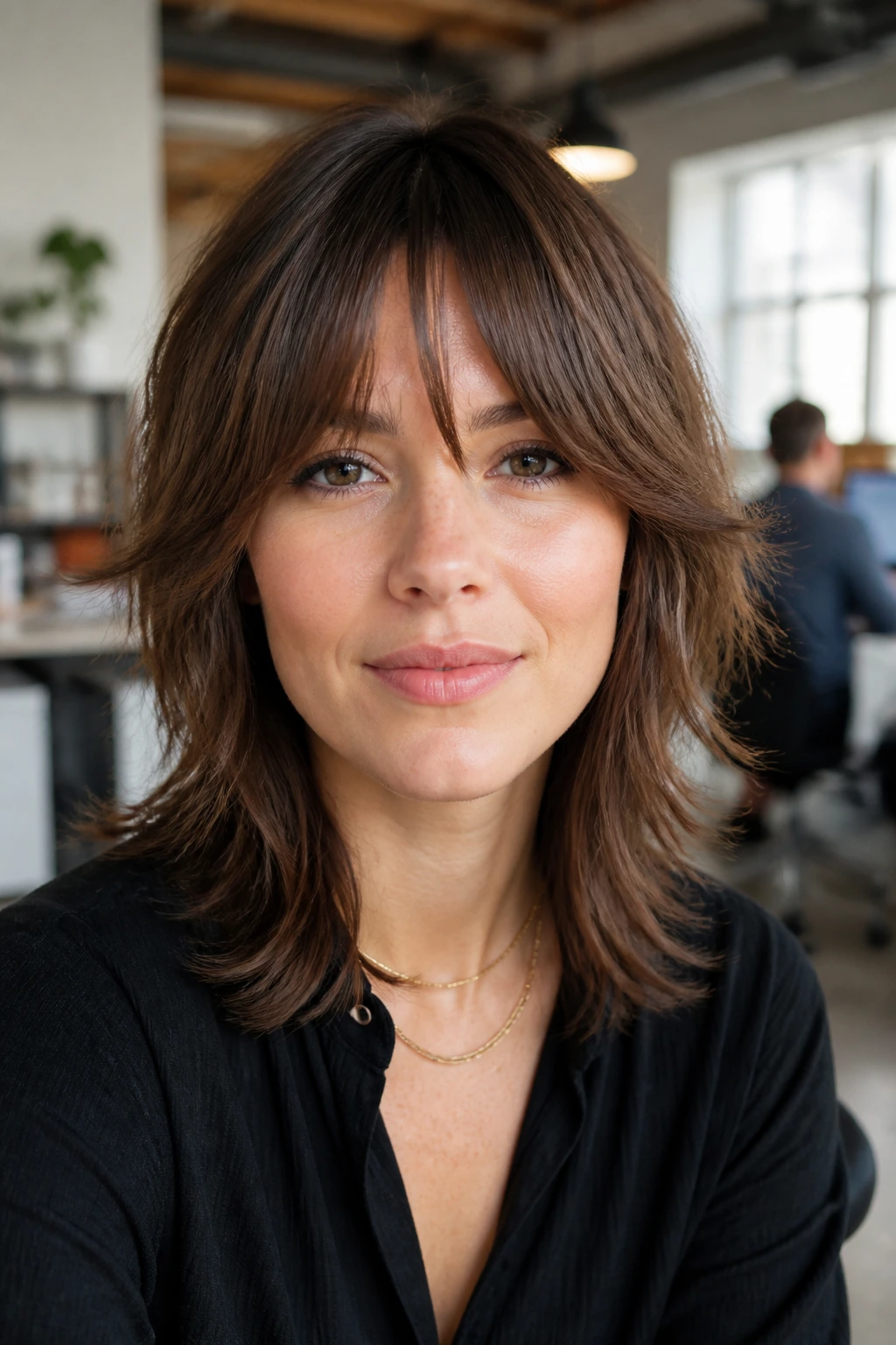 Portrait of a real person with textured shag and bottleneck bangs in a modern office