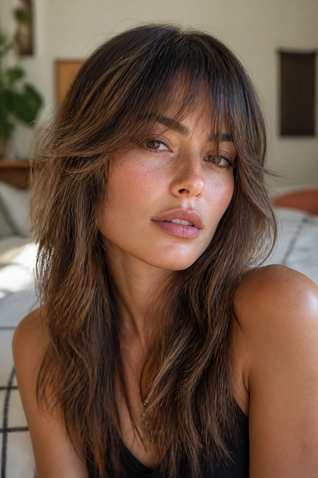 Portrait of person with textured shag and choppy sweeping bangs
