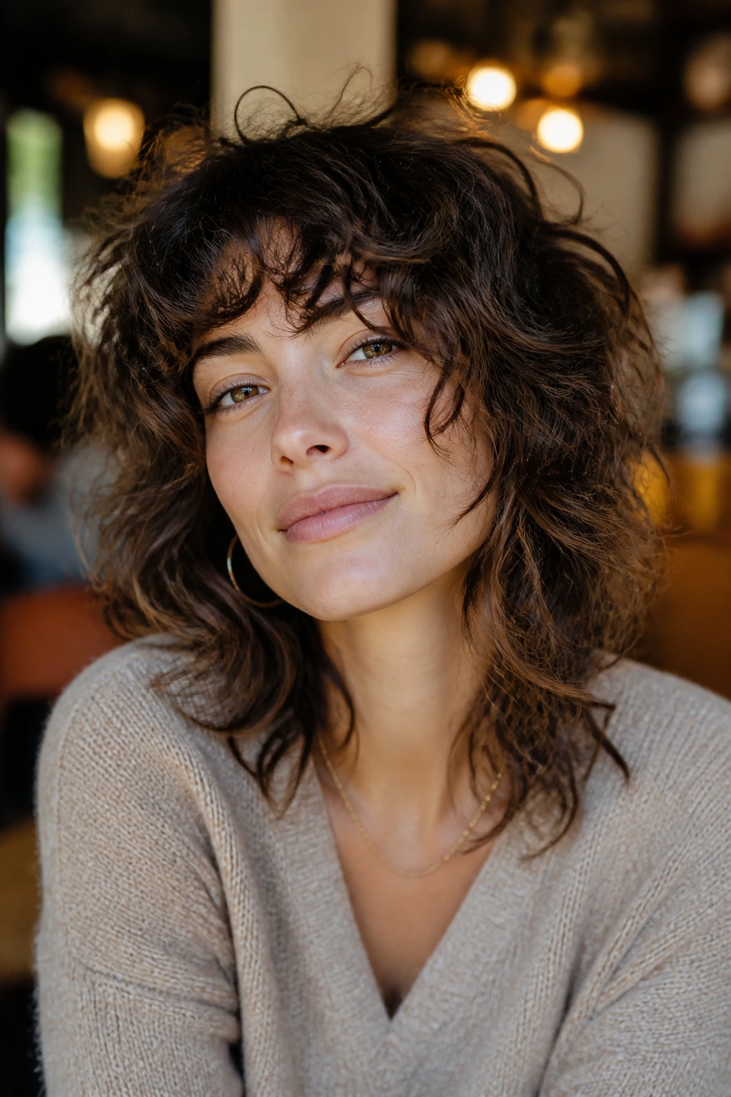 Close-up of a real woman with textured shag and wispy ends in a cozy cafe