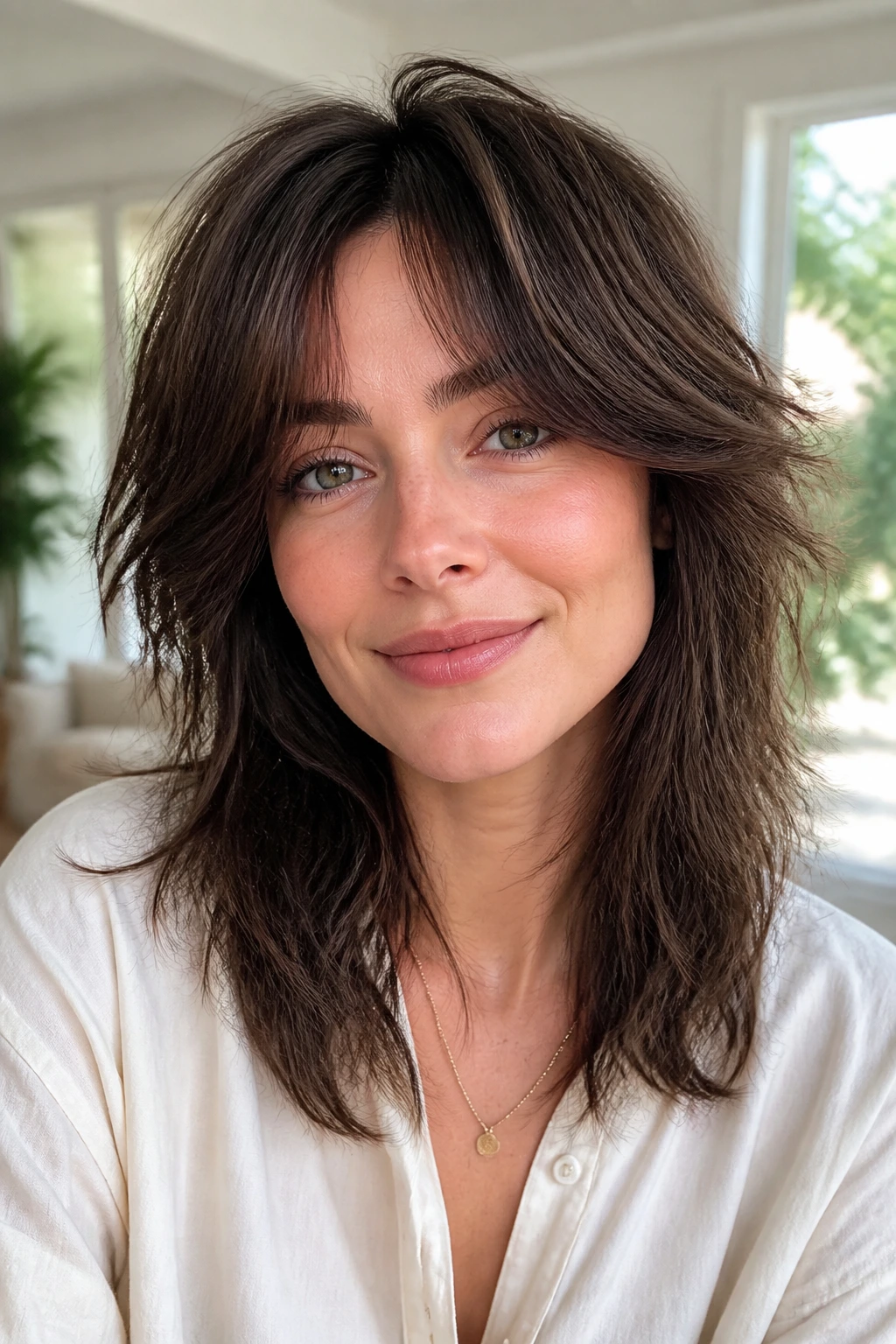 Close-up of a real person with a texturized shag and curtain bangs framing the cheeks