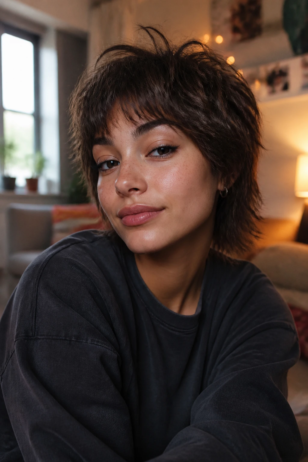 Close-up portrait of a real student wearing a textured shag wig.