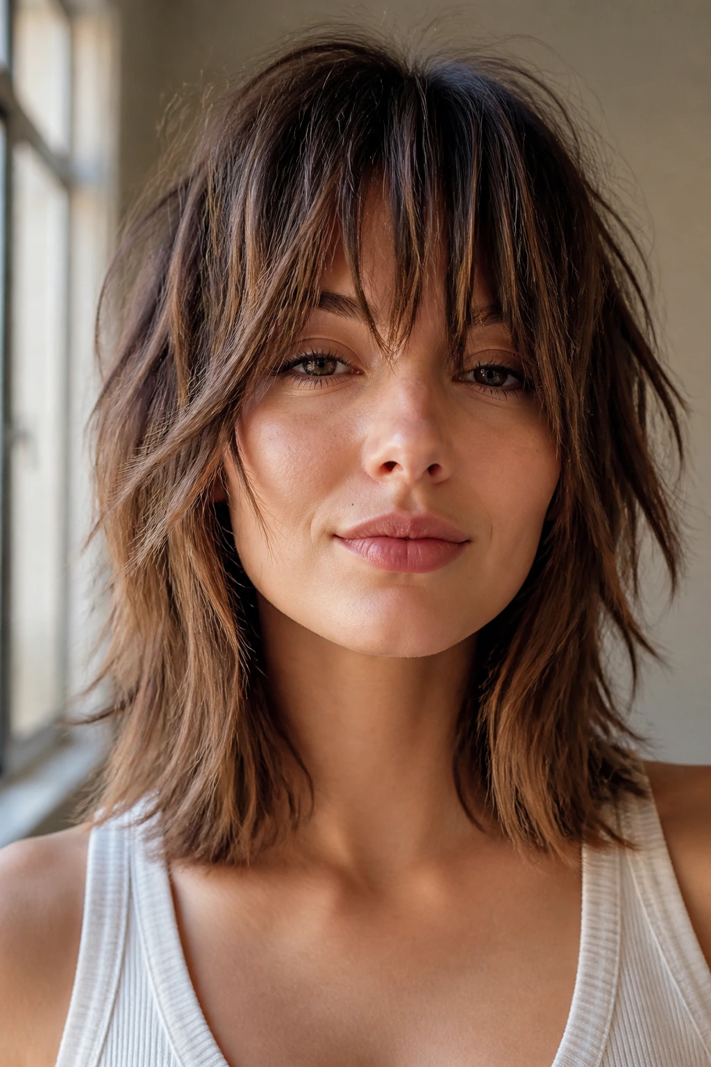 Woman with textured shag fringe close-up