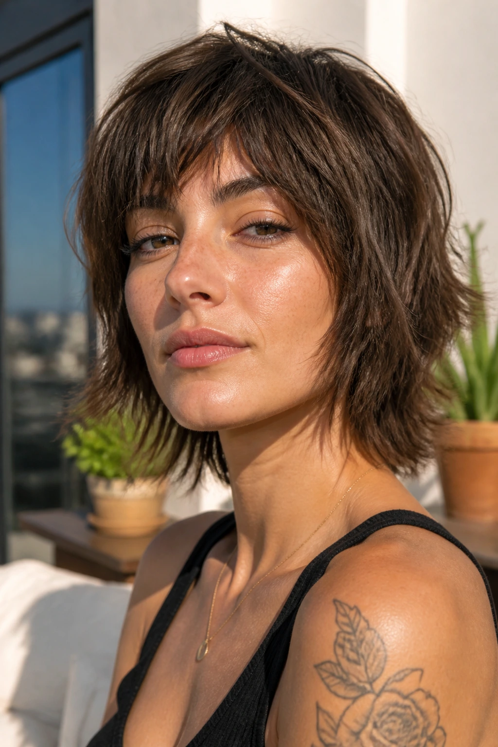 Close-up of a real woman with a textured shag featuring choppy layers and messy texture