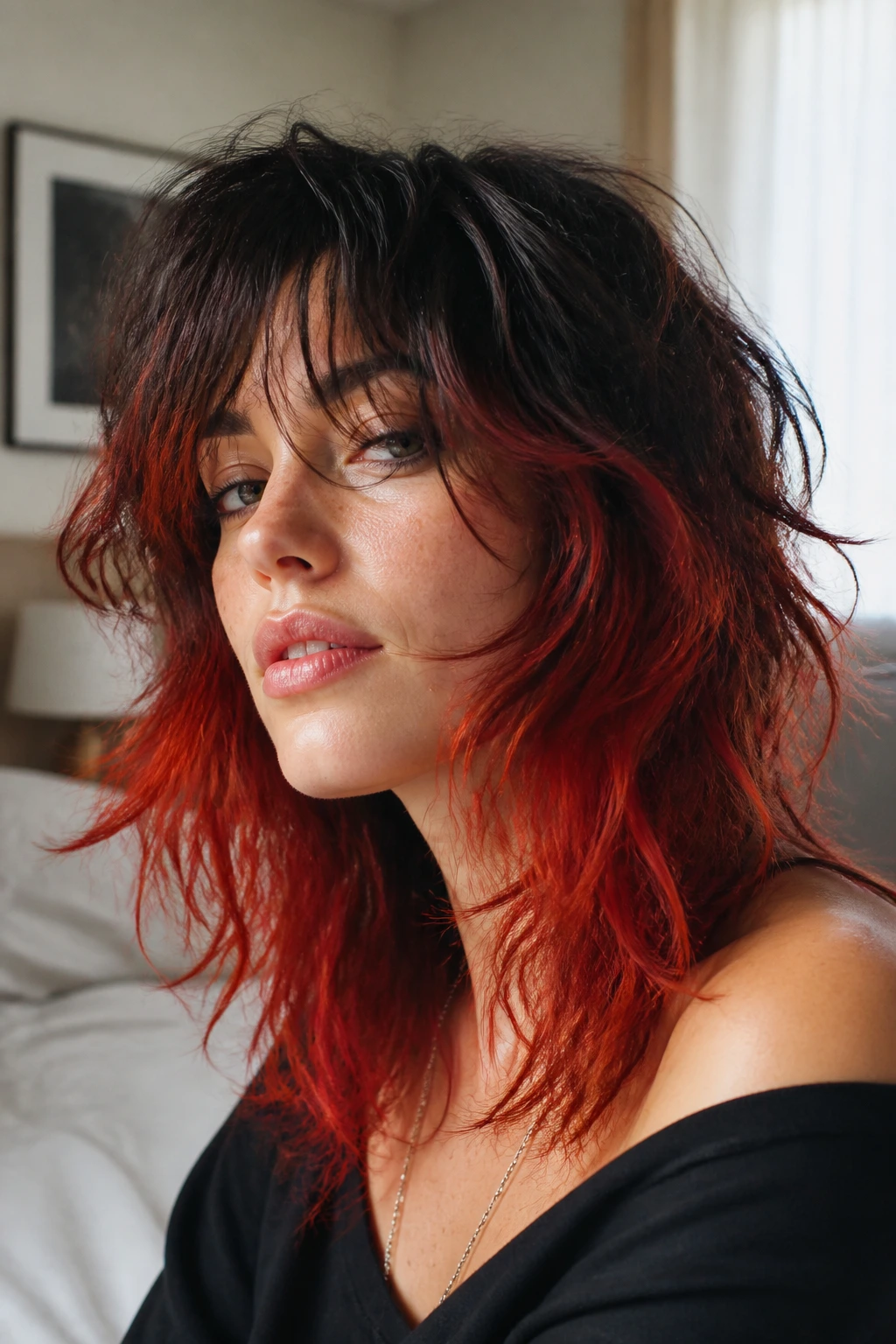 Close-up portrait of a real woman with a textured shag and red ends in a cozy bedroom.