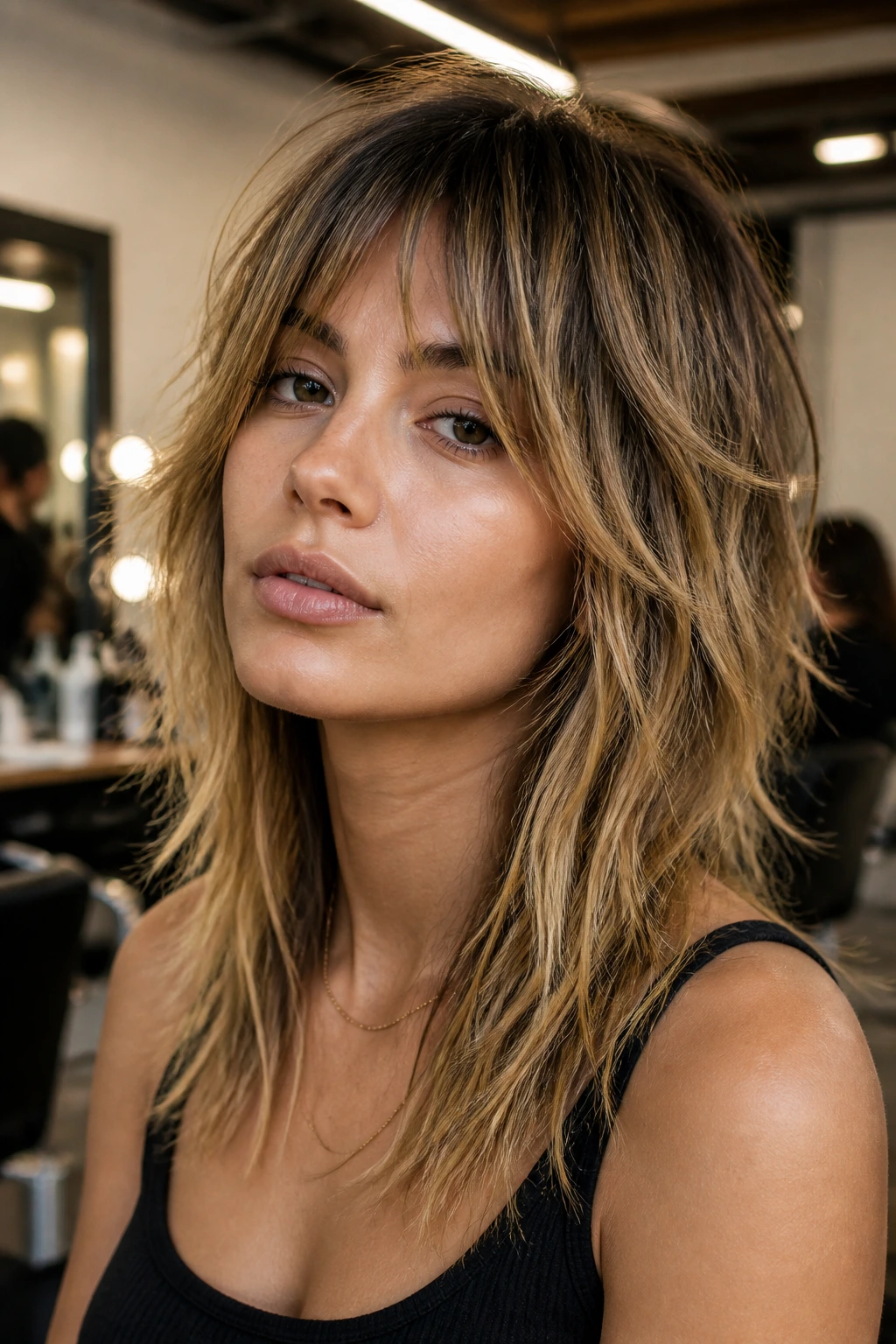 Real woman with textured shag hairstyle on straight hair