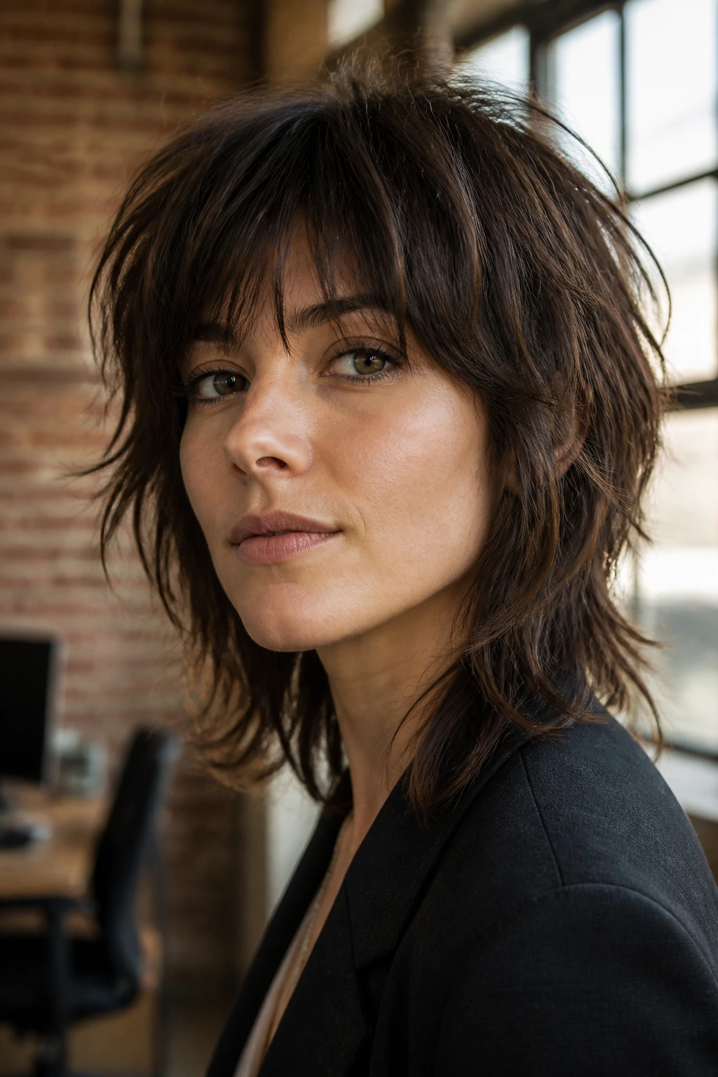 Close-up of a real woman with a matte-finished textured shag in a creative office