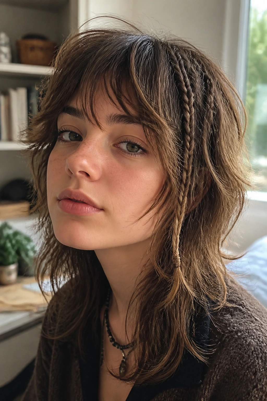 Close-up of a teen showing textured shag with micro accent braids among loose waves.