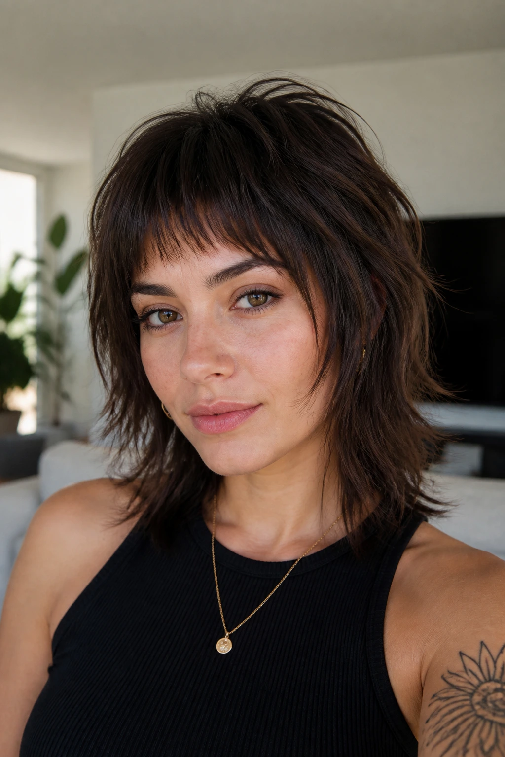 Portrait of a woman with a choppy textured shag and micro fringe