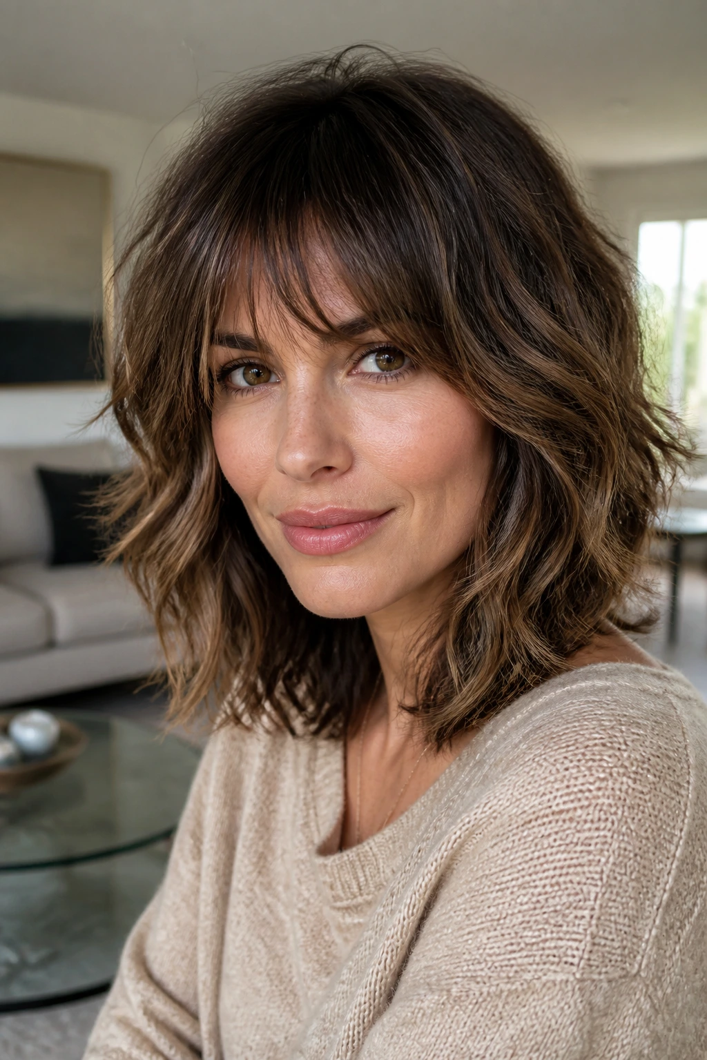 Close-up of a person with textured mid-length shag in bright room